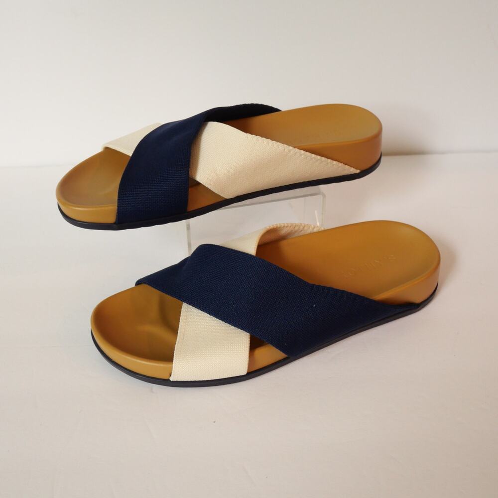 Rothy's Women's 7 Weekend Slide Cream Navy Blue Sandals NEW